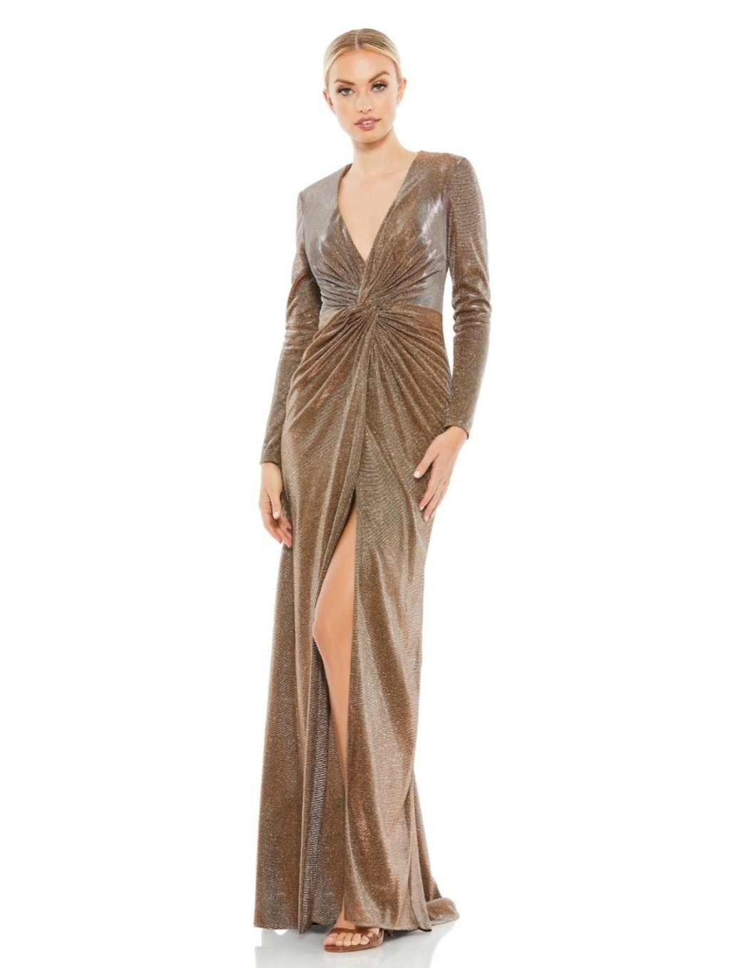 Nwt! Ieena Mac Duggal,Metallic V-Neck Long Sleeve Dress,Bronze,Size 2,Msrp $398